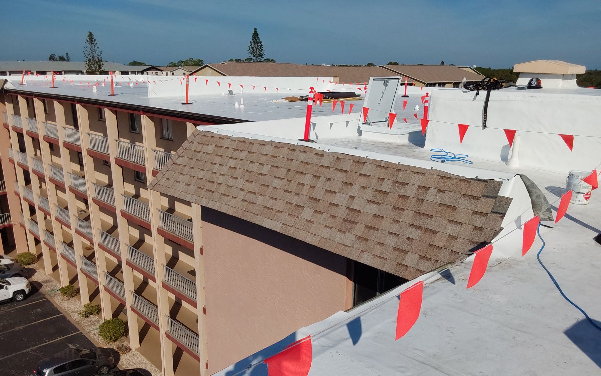 TPO flat roof membrane on a commercial building