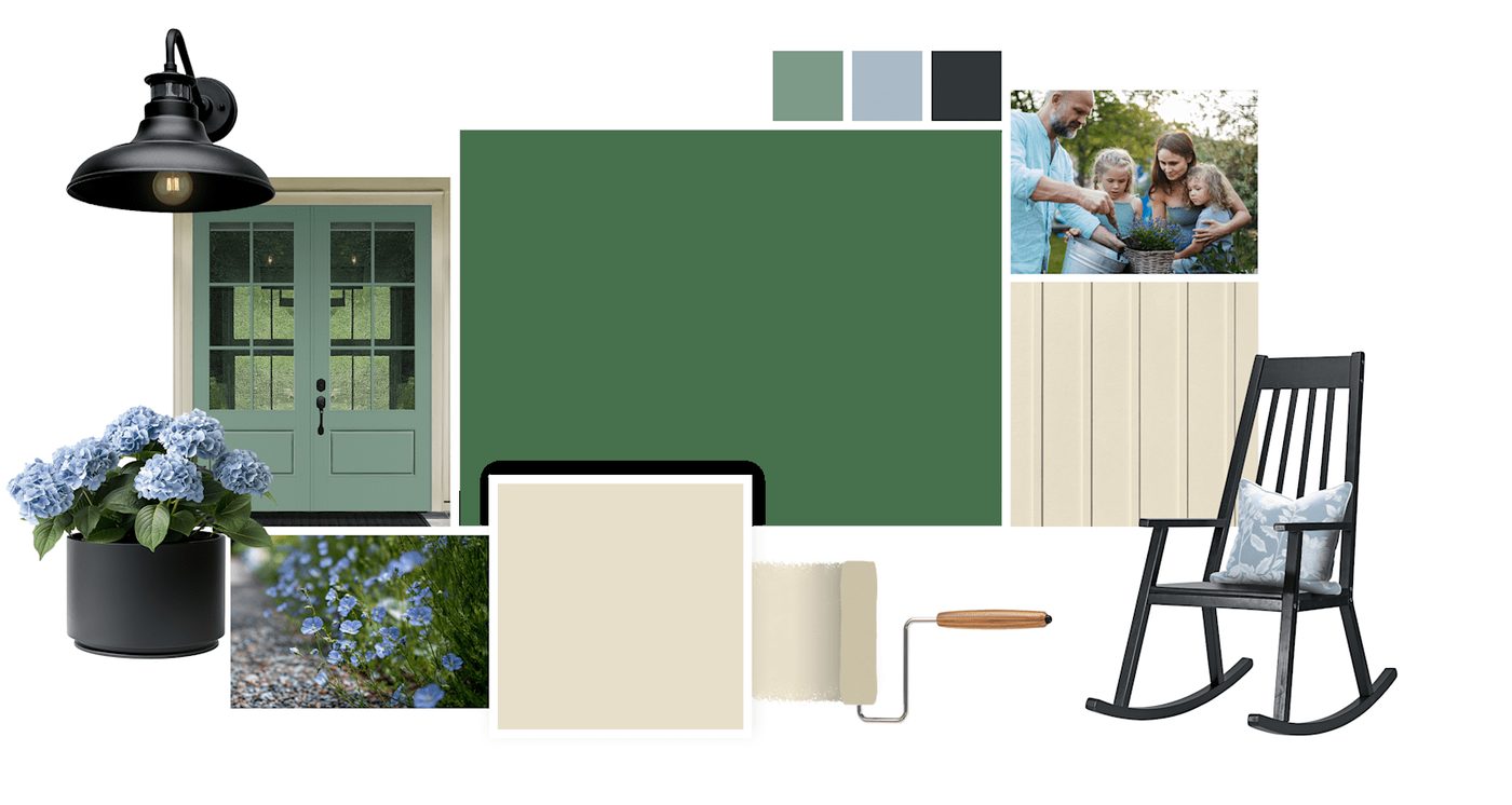 Owens Corning design board pairing Evergreen Mist shingles with soft yellow siding, cream trim and green shutters on a low-country farmhouse