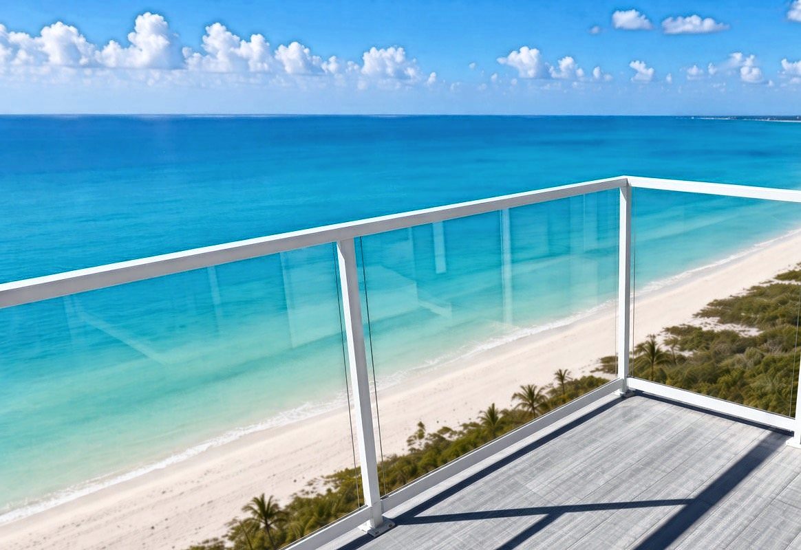 Rooftop deck with a glass railing overlooking a Gulf beach