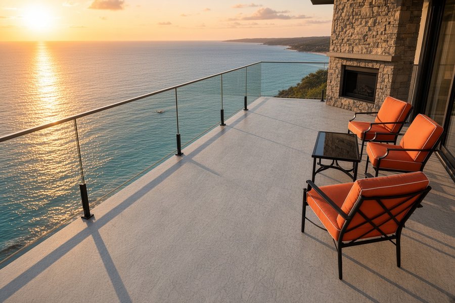 Rooftop deck with a glass guardrail overlooking the water at sunset