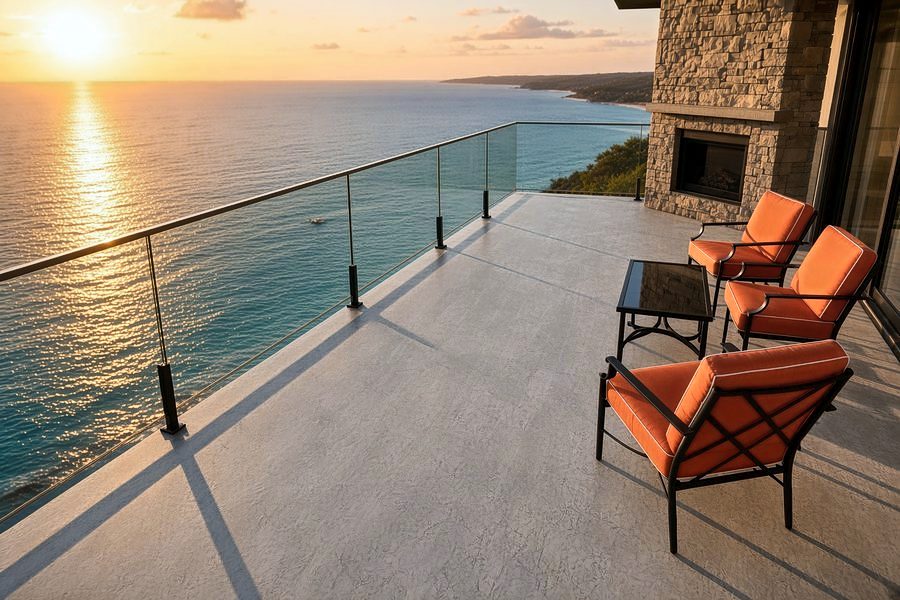 Rooftop deck with a glass guardrail overlooking the water at sunset