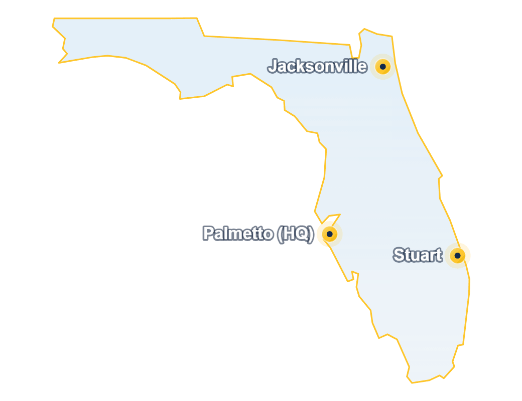 Outline of Florida marking the Providential Roofing office in Palmetto (HQ) and Jacksonville and Stuart. Providential serves the whole state.