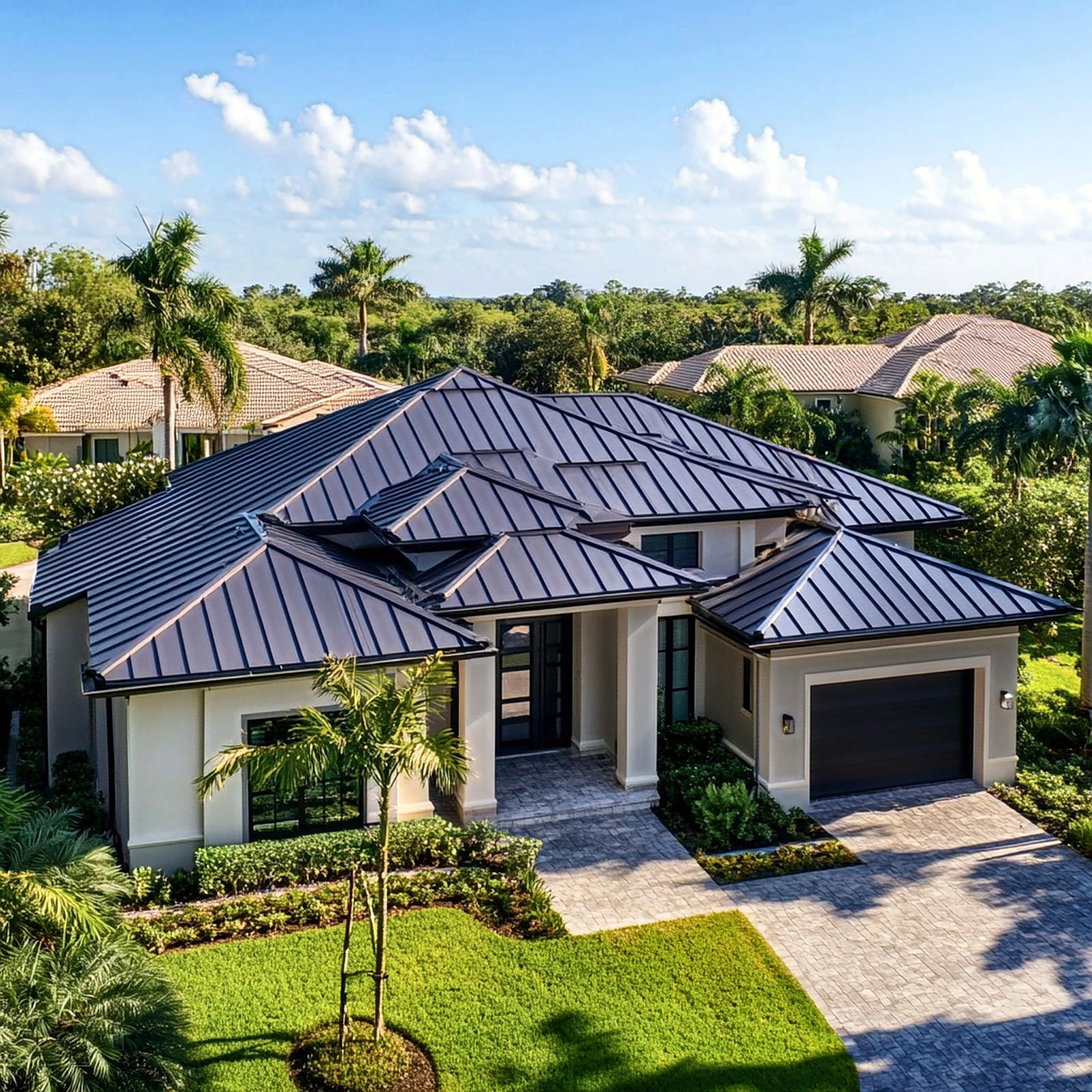 Dark standing seam metal roof, aerial view