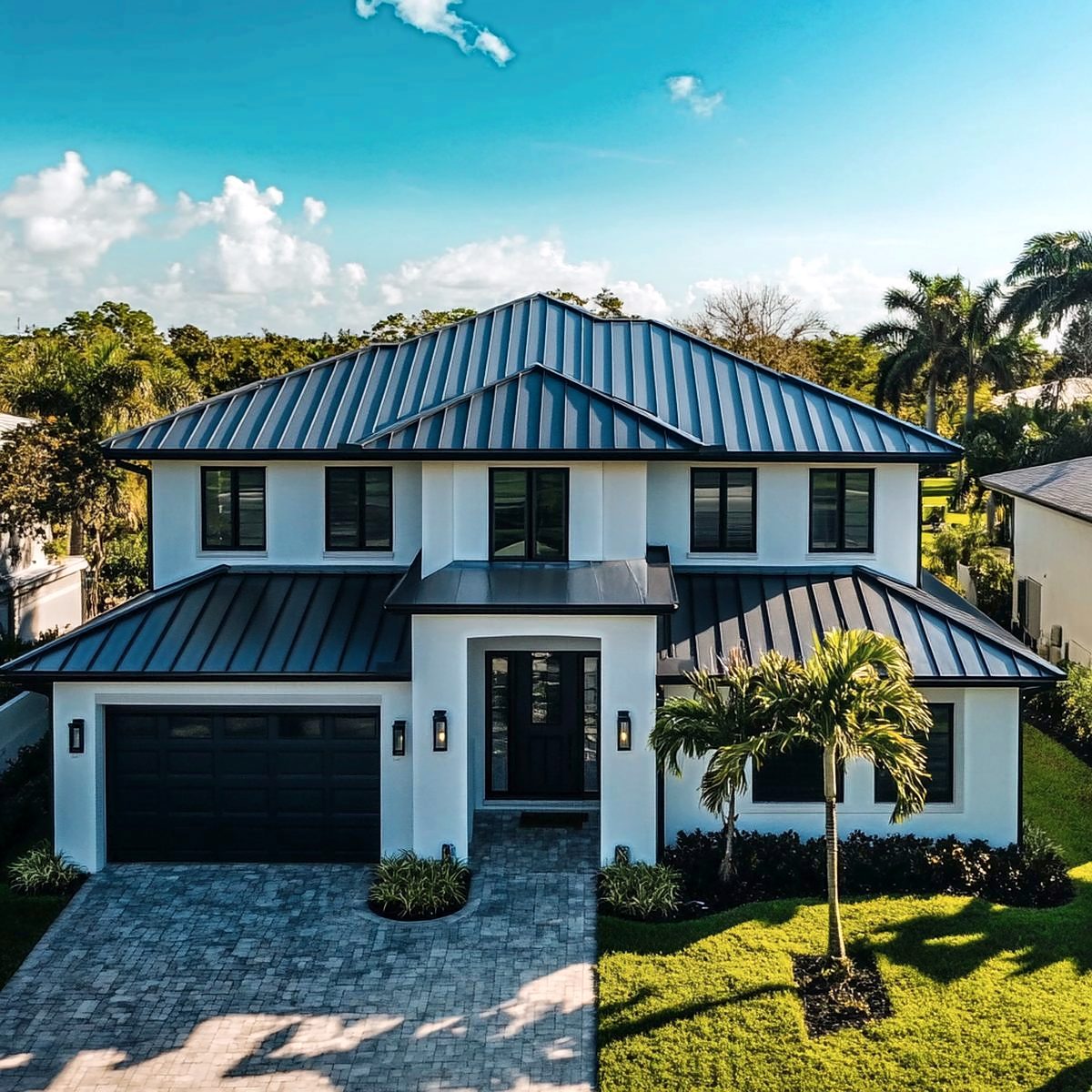 Dark standing seam metal roof on a two-story home