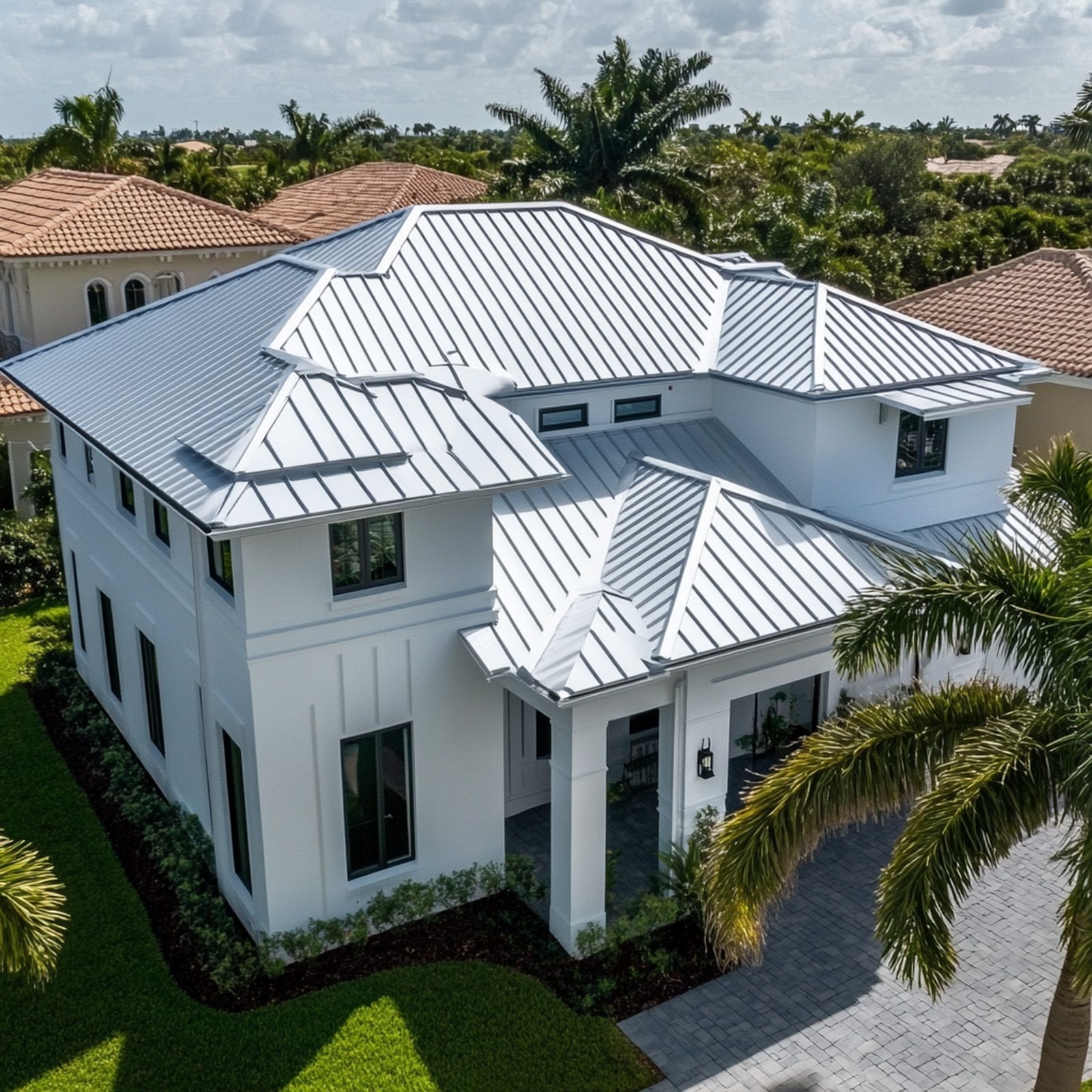 Aerial view of a white standing seam metal roof on a two-story Florida home