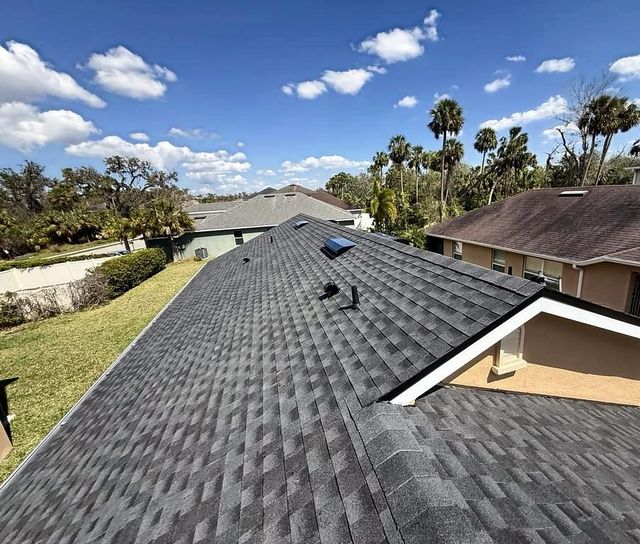 Charcoal architectural shingle roof under a blue sky with palm trees