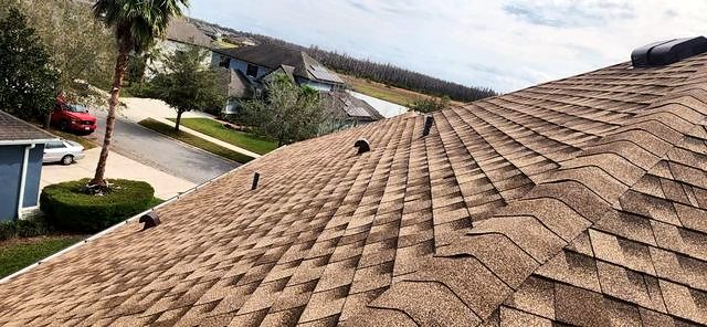 Warm brown shingle roof above a tree-lined residential street