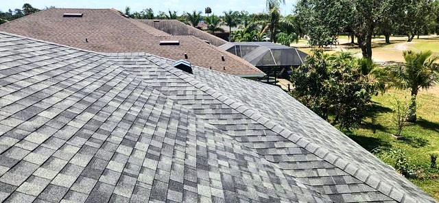 Gray-brown shingle roof overlooking a neighborhood of homes and palms