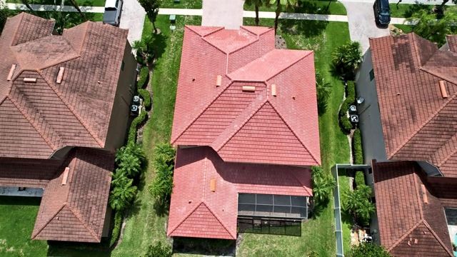 Aerial view of an Eagle concrete tile roof in Kona Red Range in Tampa